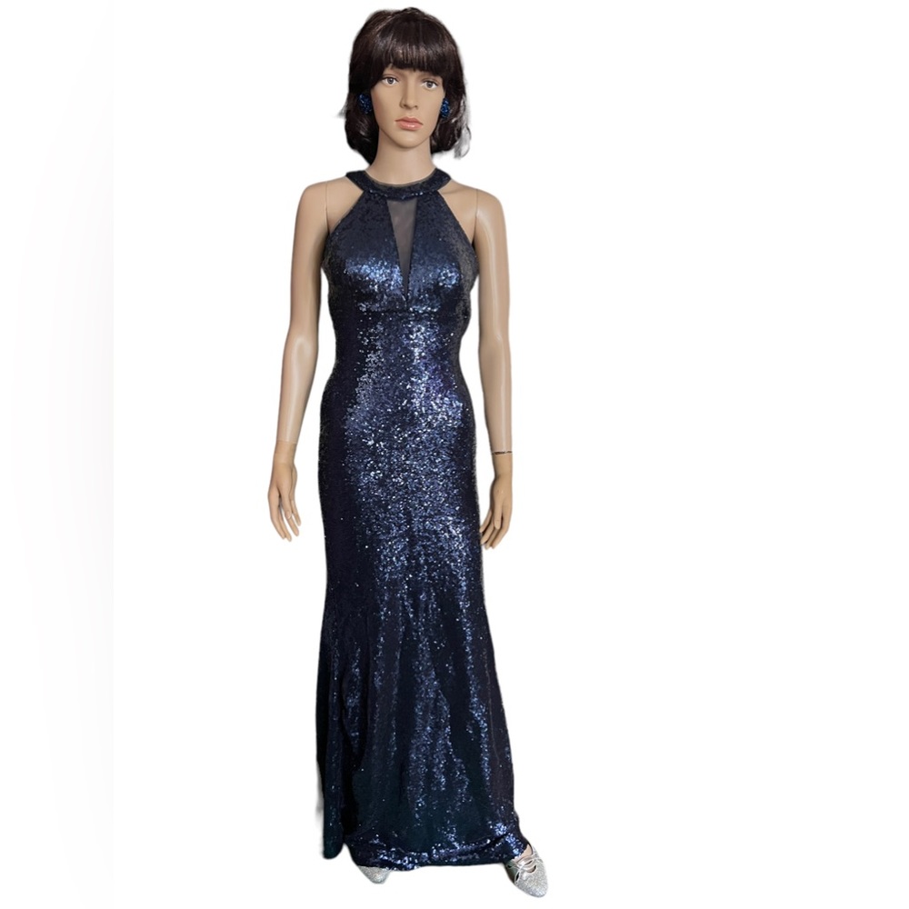 NWT Morgan & Co Navy Blue Sequin Sequence Evening Gown Prom Dress Red Carpet